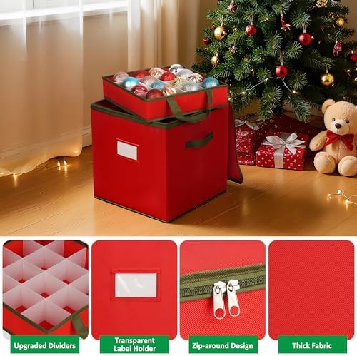 2 Pack Christmas Ornament Storage Box, Ornament Storage Include 8 Trays with Adjustable Dividers, Ornament Organizer with Handle Store Up to 128 Holiday Ornaments, Red - Image 2