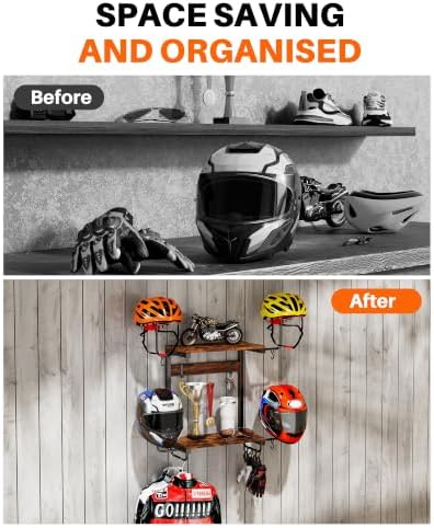 Motorcycle Helmet Holder Wall Mount, 2 Tier Helmet Rack with 4 Hat Stands - Image 5