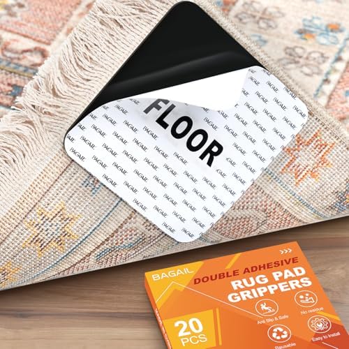 BAGAIL Rug Grippers 20 Pcs, Non-Slip Rug Corner Grips for Hardwood Floors & Tile, 4x4in Reusable Double-Sided Adhesive Carpet Tape to Prevent Sliding & Tripping Hazards for Pets, Kids, Family by BAGAILBASICS