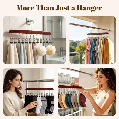 1Pack Space Saving Hanging Clothes Organizer, Wooden Pants Hanger 12-Clip - Image 3