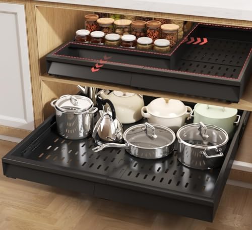 Seinloes Pull Out Cabinet Organizer, 4-Side Expandable to Fit Most Cabinets, 3 Rail Slide Out Drawers with Raising Pad for Framed & Frameless Cabinets, 15"-25" W x 17"-24" D, Black, 2 Pack by Seinloes
