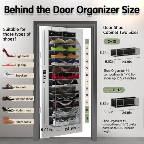 Kotkn Over The Door Shoe Organizer with 12 Large Breathable Pockets - Durable Hanging Storage for the Entire Family's Shoes (Black) - Image 2