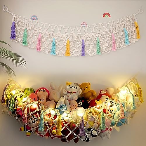 Stuffed Animal Net or Hammock, Large Stuffed Animal Storage Macrame Toy Hammock Hanging Corner Net for Stuffed Animals, Plushie Net Hammock with Star Lights for Boho Kids Room Nursery Playroom Decor by FLOCNOKY
