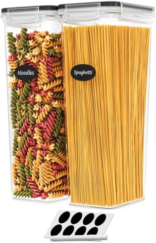 DWËLLZA KITCHEN Airtight Food Storage Containers with Lids Set of 2 95 fl. oz Spaghetti Pasta storage Containers, Plastic Air Tight Canisters for Kitchen Pantry Organization with Labels & Marker by DW%C3%8BLLZAKITCHEN