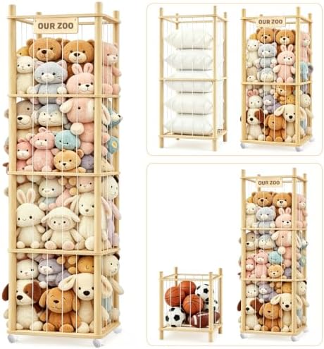 DIY Stuffed Animal Storage, Wood Adjustable 1–4 Tier Stuffed Animal Zoo Storage with Brake Wheels, Large Capacity Stuffed Animal Holder, Perfect for Nursery Playroom Kidroom Bedroom by Unknown