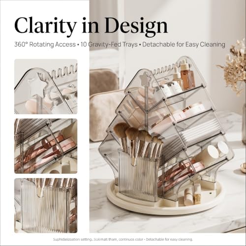 Rotating Makeup Organizer for Countertop, Large Clear Acrylic Cosmetic Caddy with Carry Handle & Necklace Hooks, 10 Tilted Compartments and 2 Brush Holders for Lipsticks, Skincare - Image 3