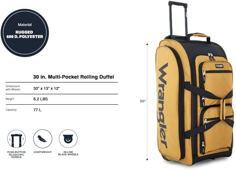 Wrangler Wesley Rolling Duffel Bag, Ambergold, Large 30-Inch - Image 2