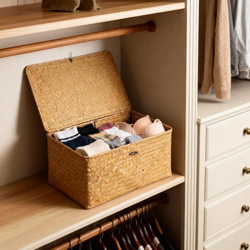 Nonam Large Wicker Basket with Lid,Seagrass Shelf Storage Basket,Natural - Image 4