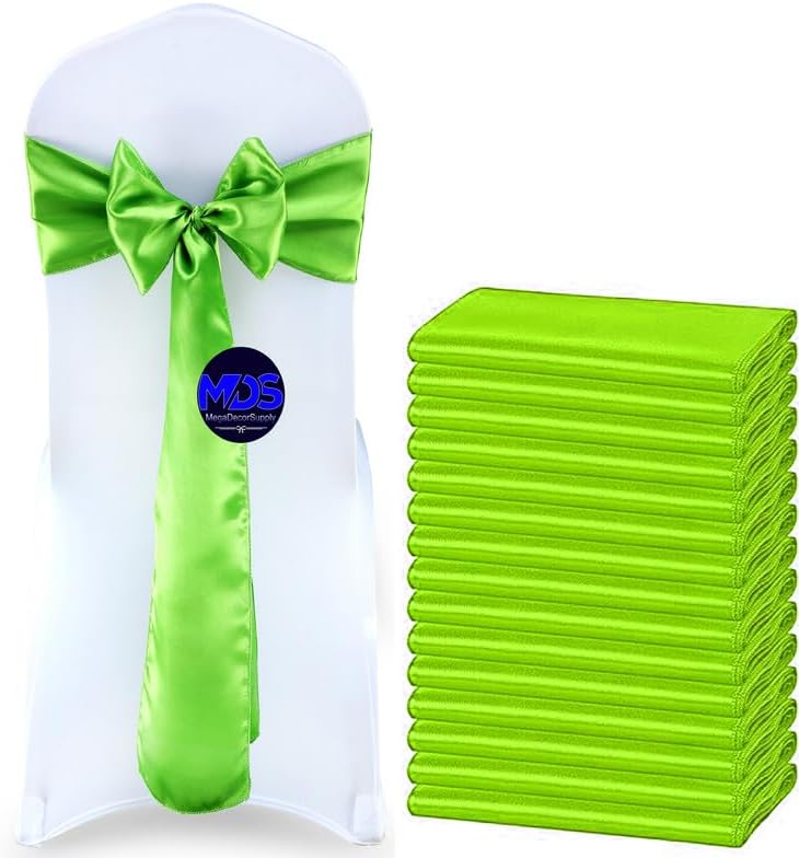 MDS Pack of 150 PCS Satin Chair Sashes Charmeuse Sateen Dining Chair Bows Ribbon Ties Back Sash for Wedding Party Birthday Home Hotel Restaurant Banquet Decoration (7 x 108 Inch, Parrot Green)
