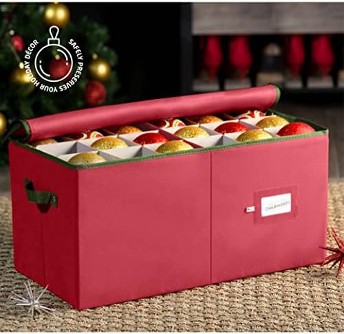 ZOBER Large Christmas Ornament Storage Box - Stores 54 4" Large Ornaments, With Dividers - Ornament Organizer Storage Box, Durable Christmas Containers Holder, Dual Zipper - Red - Image 2