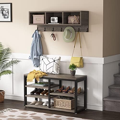 Tribesigns Coat Rack Shoe Bench Set Industrial, Hall Tree with 3 Storage Cubbies, 7 Hooks for Entryway, Hallway, 5-in-1Design, Vintage Grey - Image 3