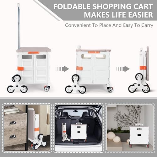 Foldable Utility Cart with Stair Climbing Wheels,Collapsible Rolling Crate with Magnetic Lid Telescopic Cover,Telescoping Handle,360° Rotate Wheel Hand Cart for Teacher Shopping Moving(Milky White) - Image 4