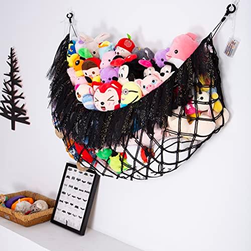 Large Stuffed Animal Hammock with Light Wall Mounted- Squishmallow Hammock Plushies Net Stuff Toy Organizer Boho Macrame Toy Hammock Corner Hanging Net for Nursery Storage Bedroom Playroom Decor-Black - Image 2