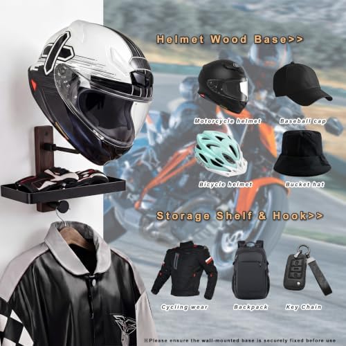 Helmet Holder Wall Mount with Shlef, Helmet Storage Rack with Hooks, Solid Wood & Strong Aluminum Design for Motorcycle, Bike, Football, Racing, Skiing Sports Gear, Jackets & Hats (Brown*3) - Image 6