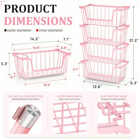 SUNALLY Stackable Storage Bins 4 Pcs Wire Baskets Freezer Organizer, Pink - Image 2