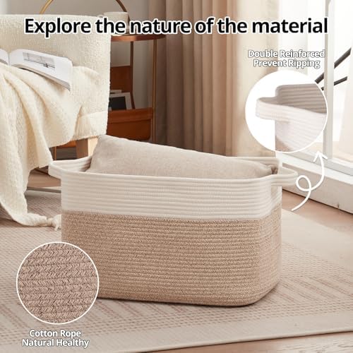 OIAHOMY Large Blanket Basket, 65L Cotton Rope Woven Laundry Basket, Toy Bin for Baby Room, Container for Blanket Storage in Living Room, 20''×16''×12'', Brown & White - Image 5