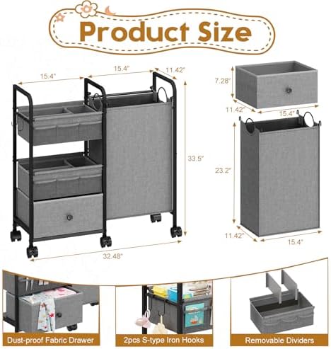 Cidaziya 2In1 Baby Diaper Caddy Organizer with Laundry Hamper, 3 Tier Rolling Cart with Dividers and Drawers, Upgrade Diaper Cart Utility Cart Clothes Organizer for Baby Essentials, New Mom, Nursery - Image 5