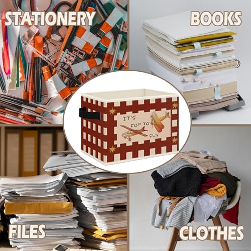 Airplane Nursery Foldable Storage Bins Box with Handles, Airplane Aviation Retro Red Gingham Collapsible Toys Books Clothes Organizer Basket for Kids Boy Nursery Room Bedroom Bathroom - Image 6