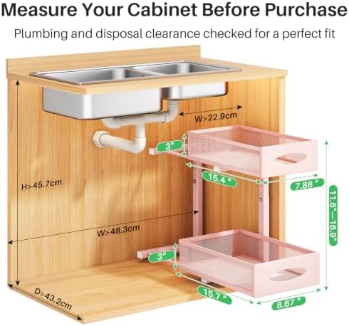 2 Pack Under Sink Organizer, 2 Tier Pull out Cabinet Organizer Mesh Baskets with 5 Adjustable Heights, Sliding Drawers Storage Shelf for Home, Kitchen, Bathroom, Pantry, Office, Countertop ,Pink - Image 2