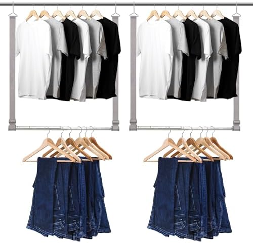 Hanging Closet Rod, 17-28In Width and Up to 32In Height Closet Extender, Double Hanging Bar with Powder-Coated Metal Pole and Adjustable Webbing, Space-Saving Tension Organizer, 2 Pack by Unknown