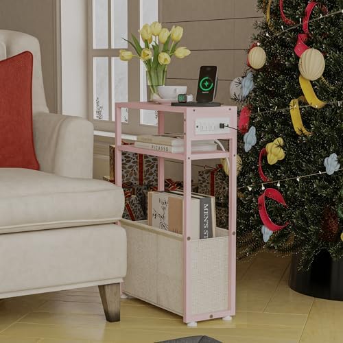 Leomonio Pink Side Table with Charging Station, Slim End Tables with Linen Basket, Skinny Table for Small Spaces, Thin Bedside Table for Living Room, Bedroom - Image 7