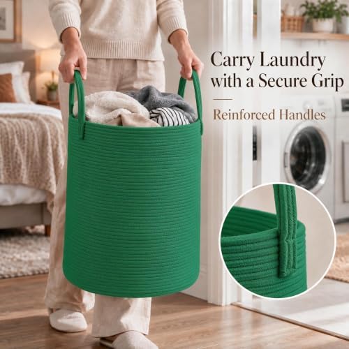 JMvicyroam 100L Cotton Rope Laundry Basket Hamper, Dark Green - Image 3