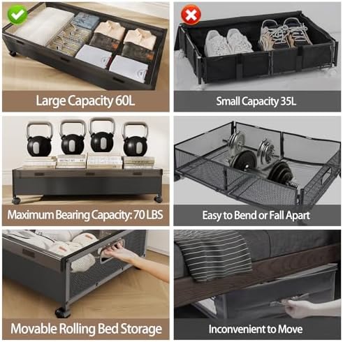 KITHELP Under Bed Storage Containers with Wheels, Underbed Shoe Storage Organizer with Removable Lids, Large Rolling Under Bed Storage Dresser Drawers for Clothes Toys Shoes Blankets - Image 3