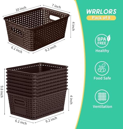 8 Pack Plastic Storage Baskets,Brown Stackable Bins with Lid - Image 3
