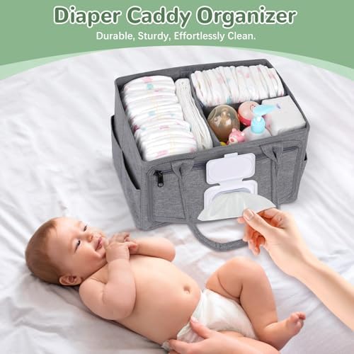 Volnamal Diaper Caddy with Wipe Dispenser One-Handed Access, Grey - Image 6