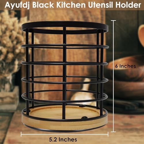 Black Kitchen Utensil Holder for Countertop, 360° Rotating Cooking Utensils Holder Caddy for Kitchen Counter-top, 5.2" x 6" Large Cylinder Spatula Holder Crock for Farmhouse Décor - Image 4