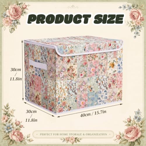 Briwooody Vintage Floral Storage Bin with Lid and Carrying Handle Retro Flower Foldable Storage Box Large Farmhouse Decorative Collapsible Container Basket for Organizing Closet Home Bedroom Gift - Image 2