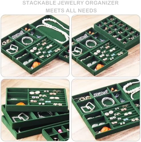 Jewelry Trays for Drawers, Set of 8 Stackable Velvet Jewelry Tray Inserts for Rings, Earrings, Necklaces, Bracelets – Fits Most Dresser/Closet Drawers, Non‑Slip Lined, Green - Image 7