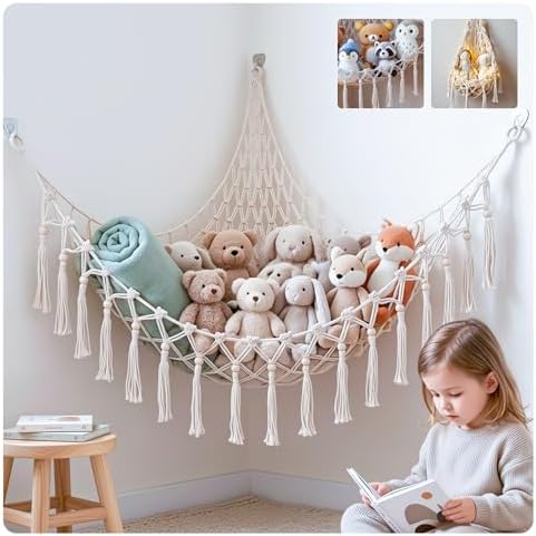 Stuffed Animal Storage Hammock, Ivory Hand-Woven Corner Net by Unknown