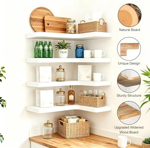 Floating Corner Shelves, Wall Shelf Set of 4, Shelves for Wall Storage, Solid Wood Shelves for Storage, Wall Mount Wooden Display Shelf for Bathroom Bedroom Kitchen Garage (White 4 Pcs) - Image 4