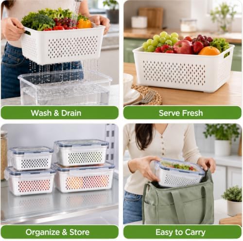 5 Pack Large Fruit Storage Containers for Fridge with Removable Colander - Image 4