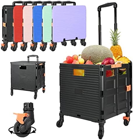 Foldable Utility Cart Portable Rolling Crate Handcart Shopping Trolley Collapsible Tool Box with Rotate Wheels Durable Duty Plastic Telescoping Handle Lid for Travel Move Office School(Black) by SELORSS