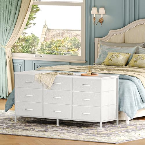 Huuger 9 Drawer Dresser, 47 Inch TV Stand for 50, 55 Inch TV, Entertainment Center with Drawers, Fabric Dresser Chest of Drawer for Bedroom, Closet, PU Leather Surface, White - Image 2