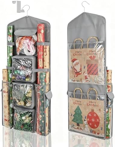 Hanging Wrapping Paper Storage Organizer, Double-Sided Gift Wrap Holder, 360° Rotating Gift Bag Storage Organizer for Your craft, Accessories, Gift Warp Supply, Wrap Ribbon and Stationery (Grey) by Uawsyut