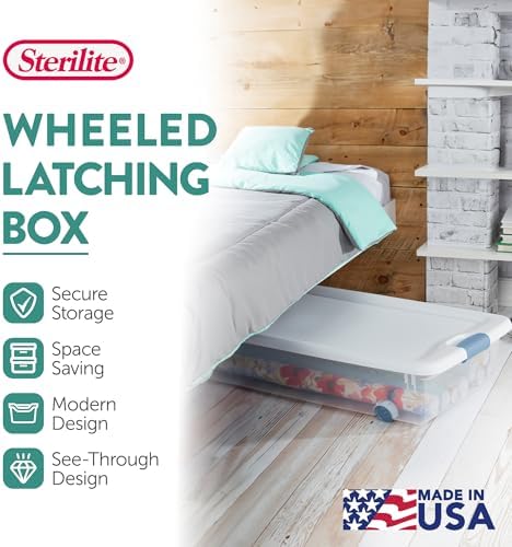 Sterilite Latching Storage Box, Stackable Bin with Latch Lid, Plastic Container to Organize Closet Shelf, Clear with White Lid, 56 Quart, 12-Pack - Image 3