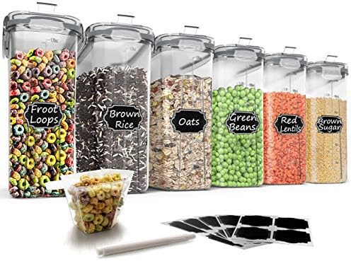 Wildone Cereal Storage Containers Set, Large BPA Free Plastic Airtight Food Storage Containers 4L /135.3oz for Flour, Sugar, 6 Piece Set Cereal Dispensers with 20 Labels & Marker, Grey by Wildone