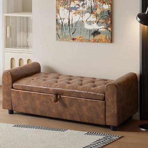 48" Ottoman with Storage, Tufted Storage Ottoman Bench, Convenient Living Room Fabrics Bench Seat, Entryway Shoe Benches with Inner Zipper & Arm, Rivetless Upholstered Window Seat Ottomans, Brown by Unknown