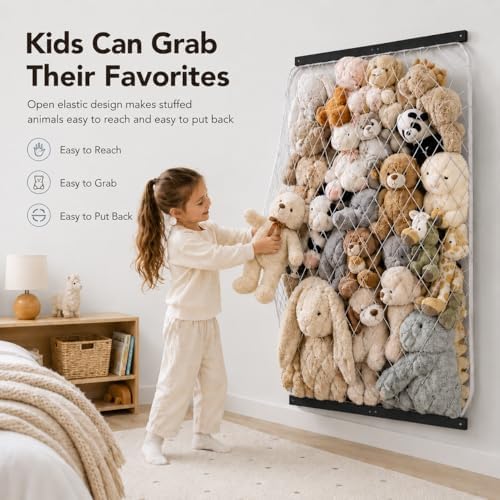 Stuffed Animal Storage Net, Elastic Stuffed Toy Holder,Door/Wall Mount Length Adjustable Hanging Soft Toy Organizer, Plushie Net for Nursery Play Room-Black Boards - Image 4