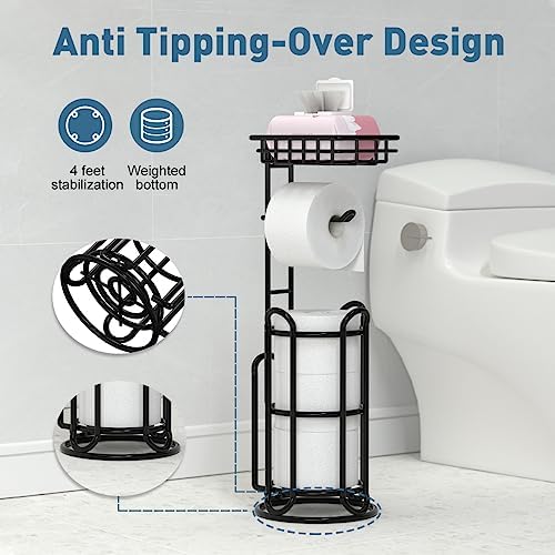 [Upgrade] Toilet Paper Holder Stand with Shelf Tissue Holders for Bathroom Free Standing Bath Tissue Roll Holder Magazine Rack for Mega Rolls/Phone/Wipe-Black - Image 4