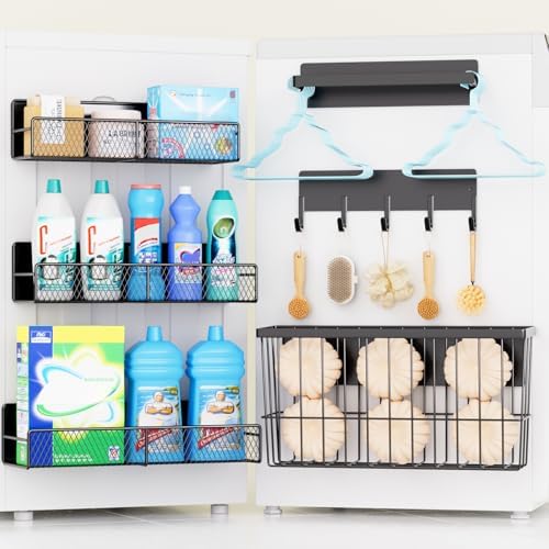 6 Pack Magnetic Shelves for Washing Machine, Magnetic Spice Rack Organizer for Refrigerator, Magnetic Shelf with Hanger Organizer, Metal Magnetic Basket, Laundry Organization and Storage, Black by DTUQYX