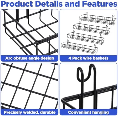 4 Pcs Black Metal Grid Wall Baskets with Hooks, Hanging Wire Storage Organizer Shelf for Kitchen Bathroom Office, 15.75 x 3.94 x 1.97 Inch - Image 3