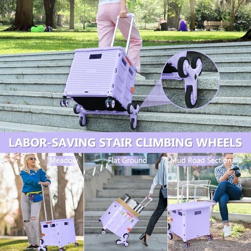 Foldable Utility Cart with Stair Climbing Wheels,Collapsible Rolling Crate with Magnetic Lid Telescopic Cover,Telescoping Handle,360° Rotate Wheel Hand Cart for teacher Shopping Moving Grocery(Purple) - Image 6