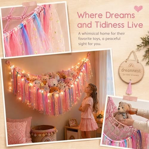 THIDARGO Stuffed Animal Hammock Storage Net with LED Lights, Colorful Tassels, 59in, for Kids Bedroom Nursery Playroom, Includes 3 Hooks (not including battery) (Peach Pink) - Image 4