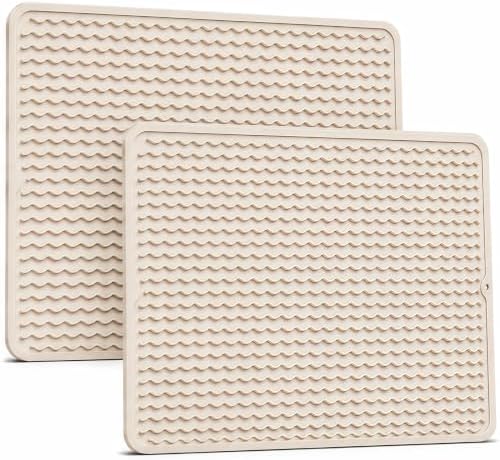 2 Pack Silicone Dish Drying Mat for Kitchen Counter Shower Caddy Rack Waterproof Under Sink Placemats Trivets Coffee Bar Accessories Household Essentials Extra Large 24"x18" Beige by AOTASO