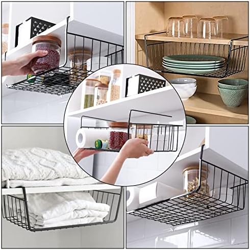 Tebery 4 Pack Black Under Shelf Wire Basket, Hanging Storage Baskets Under Cabinet Add-on Storage Racks, Slide-in Baskets Organizer for Kitchen Pantry Desk Bookshelf - Image 3