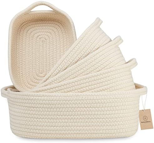 NaturalCozy 5-Piece Rectangle Storage Basket Set- Natural Cotton Rope Woven Baskets for Organizing! Small Basket for Montessori, Baby Nursery, Dog Toy Baskets, Cat Toy Box, Bathroom Organization Bin by NaturalCozy